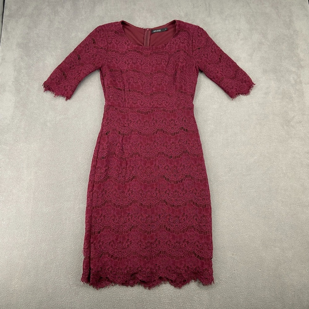 Mikarose Midi Dress Women's L Burgundy Allover Lace Elegant 3/4 Sleeve Back Zip